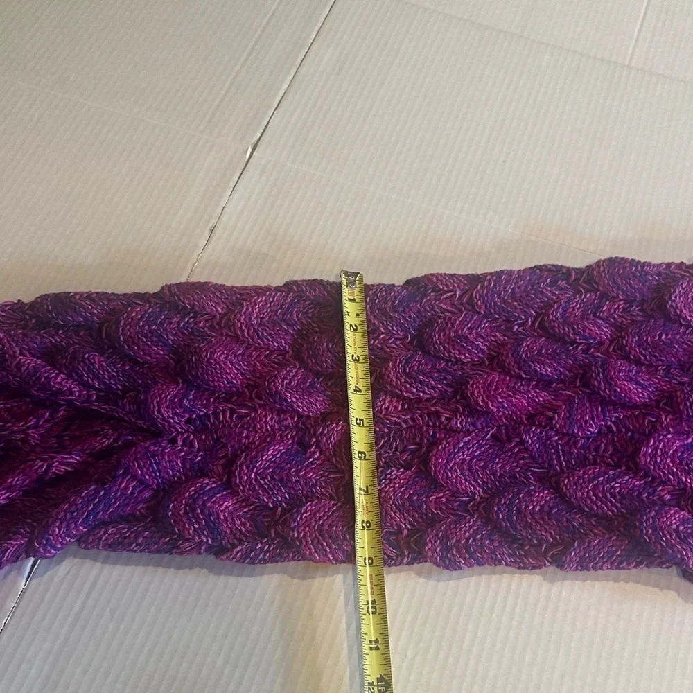 Purple pink and bluish knitted Mermaid Tail Blanket costume with fringe at ends
